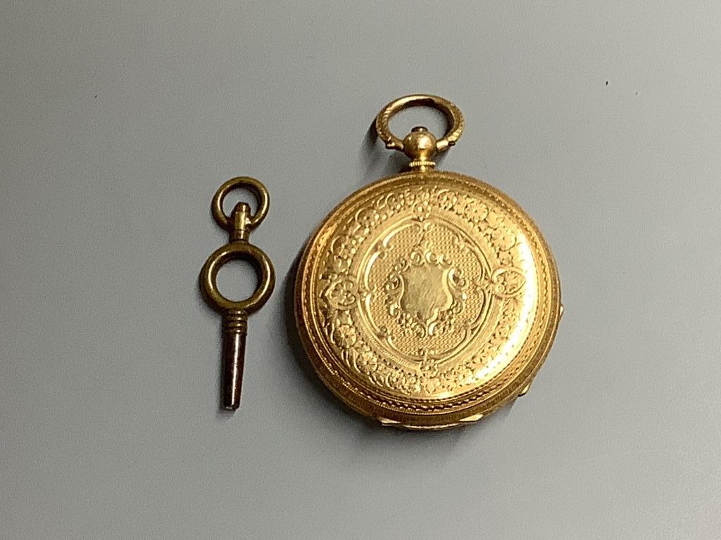 An 18k yellow metal open faced pocket watch, case diameter 38mm, gross 47 grams.